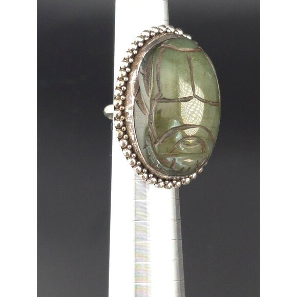 Vintage Green Scarab Ring Sterling Silver Beaded Size 6 Intricate Statement - Picture 7 of 13